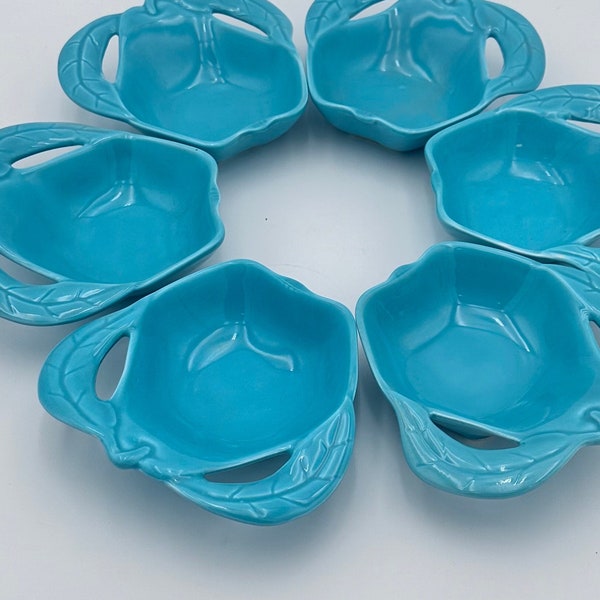 Mid Century California Aqua Pottery Apple shaped Bowls, Turquoise Ceramic Desert Set of 6 Bowls
