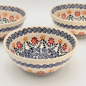Vintage Polish Pottery Bowl – 6.5" Hand Painted Floral Pattern – Bright Colors – Sold Individually