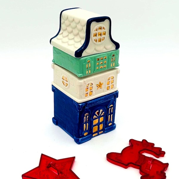 Vintage Anthropologie Sugar Cookie Townhouse Stacking Measuring Cups – Discontinued Holiday Kitchen Decor