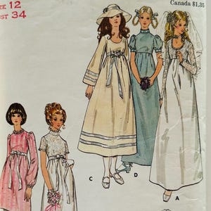 Robe de mariée et de demoiselle d'honneur des années 1970 Butterick 6000 motif taille 12 buste 34 taille empire