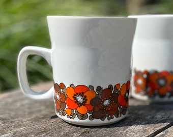 Set of 2 Mid Mod Flower Mugs 1960's Stoneware Orange and Brown Floral Mugs, 8 oz Coffee Tea, made in Japan