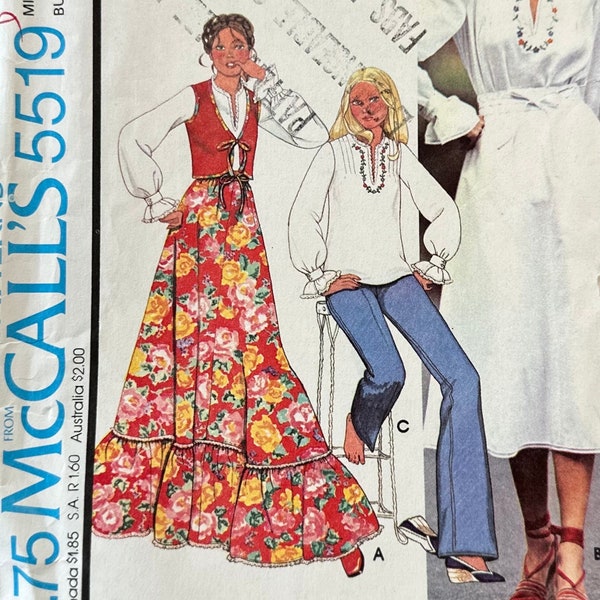 Vintage Sewing Pattern McCall's 5519 - Boho Blouse, Tie Vest, Ruffled Skirt - 70's Fashion Inspiration