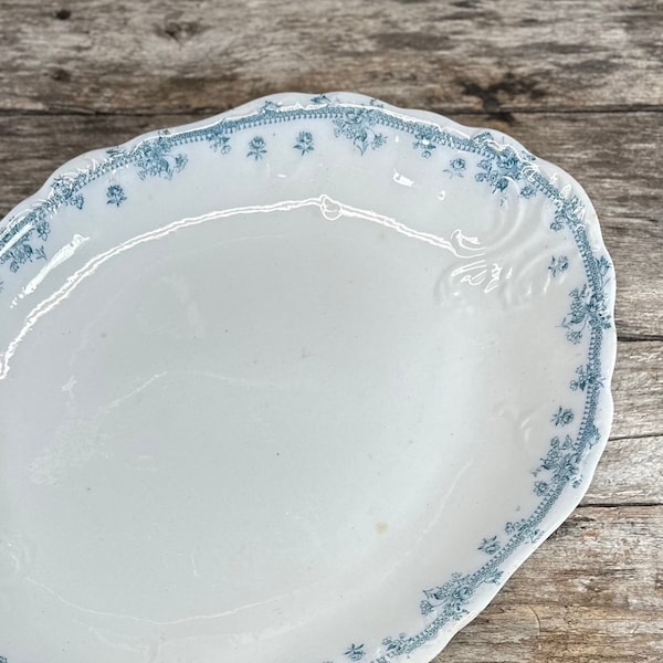 Antique Ironstone Large Platter with Blue Transferware Flowers made by Furnival Ltd England 1890s 1900s