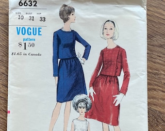 Vogue 6632 Vintage Pattern Two Piece Dress and Jacket 1960's Classic Channel Style Jacket with side buttons Summer Suit