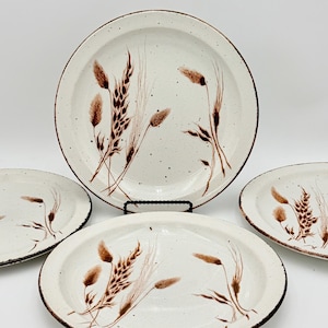 Midwinter Stonehenge Wild Oats Dinner Plates Set of 4, Brown Speckled Edge Incised Wheat Design, England Cottagecore Tableware