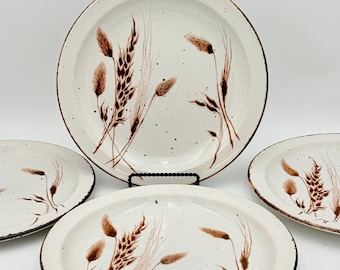Midwinter Stonehenge Wild Oats Dinner Plates Set of 4, Brown Speckled Edge Incised Wheat Design, England Cottagecore Tableware