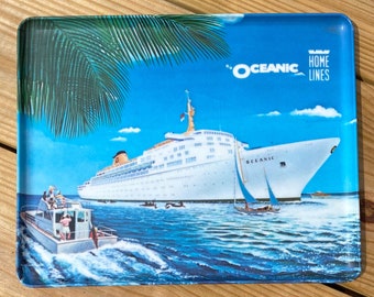 Souvenir-Kreuzfahrtschiff-Tablett, Kunststofftablett-Home Lines, SS Oceanic, 1960er Jahre Kreuzfahrt-Souvenir
