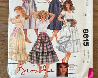 McCalls 8615 Brooke Shields Skirt Pattern UNCUT waist 30" Full Ruffled Tiered Boho Skirt 80s vintage sewing