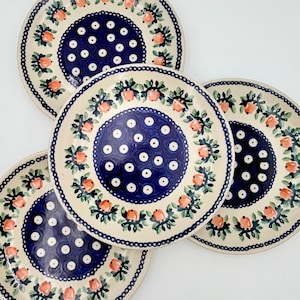 Set van 4 vintage bolesławiec borden van Pools aardewerk – appelstippelpatroon handgeschilderd blauw keramiek 7,25" keukenservies voor verzamelaars