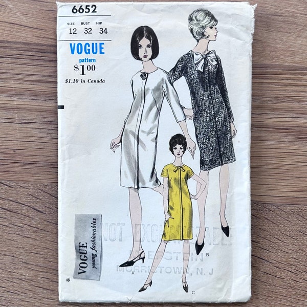 Vintage 1960s Vogue 6652 Sewing Pattern - Mod One Piece Dress - Size 12, Bust 32 - UNCUT