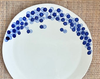 Crate & Barrel RIKA  13" Chop Plate Round Platter White with Blue Dots