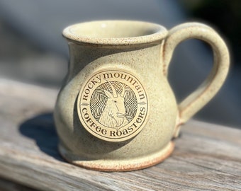 Rocky Mountain Coffee Roasters Mug made by Sunset Hill Pottery, Pot Belly Stoneware Mug