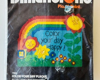 Vintage Plastic Needlepoint Kit 'Color Your Day Happy' Plaque by Dimensions 1980s Rainbow Craft Kit