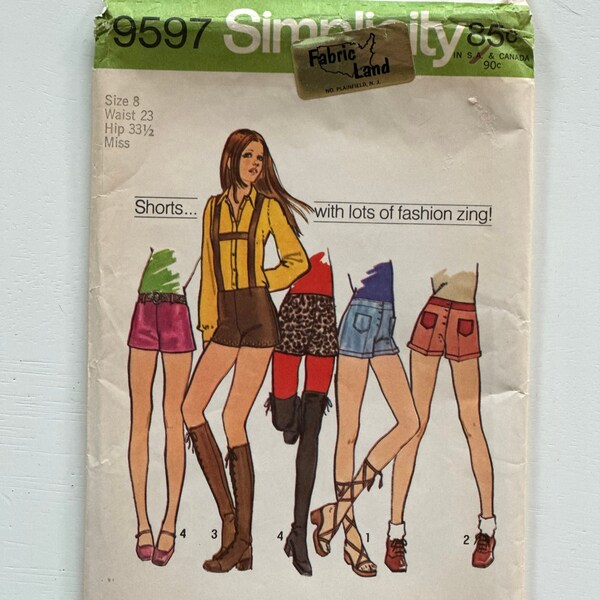 Simplicity 9597 Misses' Set of Hip-Hugger Short Shorts Sewing Pattern Vintage 1970's Hot Pants, Shorts with Suspenders, Size 8 Waist 23"