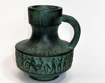 Green Patina Pottery Vase or Jug made in Spain great for Shelf Decor and Bookcase Filler