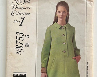 1960s McCall's 8753 New York Designer's Collection Designer Bill Blass Shepherd's Dress, UNCUT Vintage Sewing Pattern Size 14 Bust 34