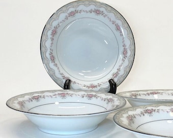 Noritake Glenwood Small Bowls Set of 6 Porcelain Rim Fruit Dessert Bowls Ivory with Pink Roses and Platinum Trim