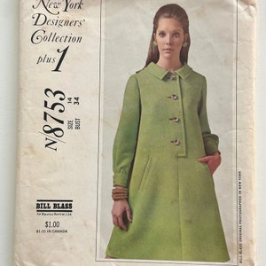 1967 Bill Blass Shepherd Dress Coat Pattern: Vintage McCall&#39;s 8753, Misses&#39; Size 14 UNCUT