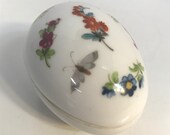 Egg Shaped Trinket Box, Chamart Limoges France, white porcelain, Floral, Butterfly