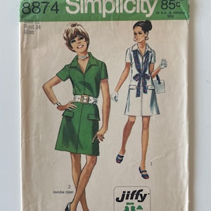 Vintage Simplicity 8874 Jiffy Dress Sewing Pattern – 1970s Easy Zip-Front Mini Dress – Size 12 Bust 34 – CUT & Complete