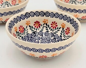 Polish Pottery Floral Bowl, Vintage 6.5" Hand Painted Flower Pattern – Bright Colors – Sold Individually
