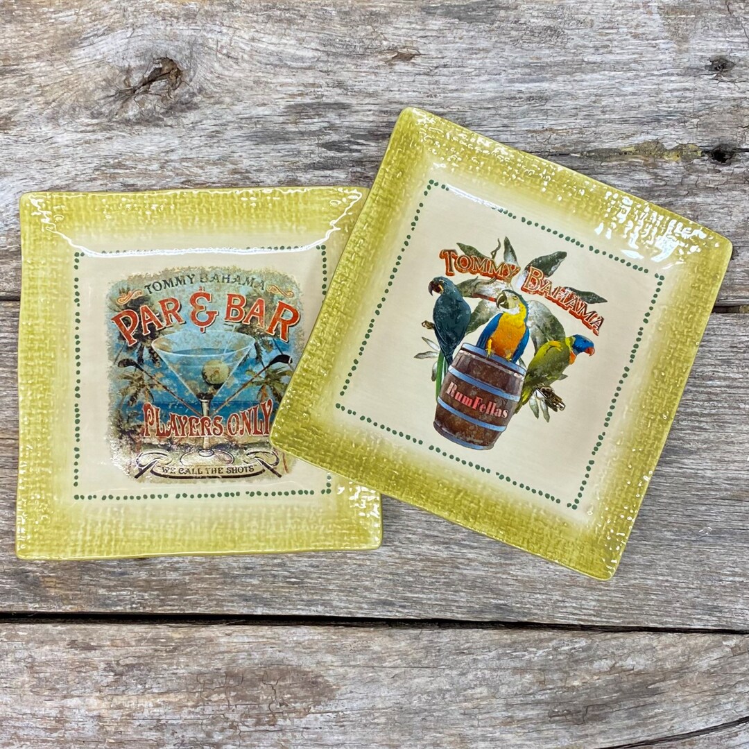 Tommy Bahama 6 Square Ceramic Cocktail Plates Set of 2 Tiki Bar Plates