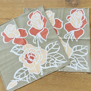 Vintage Vera Neumann Napkins – Set of 2 – 1980s Mod Floral Cotton, Peach & Rust Roses, Boho Table Linens Signed Vera