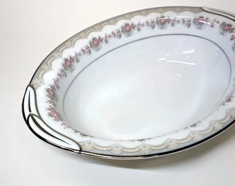 Bol ovalado para verduras Noritake Glenwood vintage - Rosas rosas y ribete platino