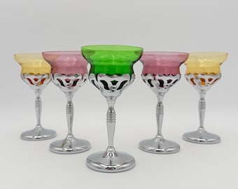 Copas de cóctel Art Déco vintage – Farber Bros Chrome & Cambridge Colored Glass, juego de 5