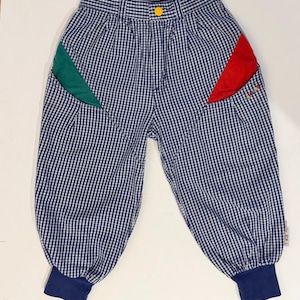 May include: Blue and white gingham patterned pants with green and red pocket accents. The pants have a yellow button, a navy blue cuff at the ankles, and a relaxed fit. The pockets have embroidered details.