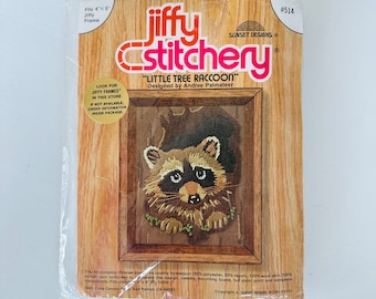 Vintage Jiffy Stitchery Crewel Embroidery Kit Little Tree Racoon 1978