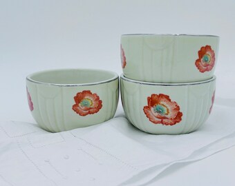 Set of 3 Hall Orange Poppy Custard Cups Art Deco Prep Bowls, Vintage Decor