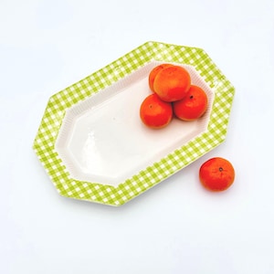Vintage Independence Ironstone Oval Platter: Limerick Green Gingham Retro Serving Dish