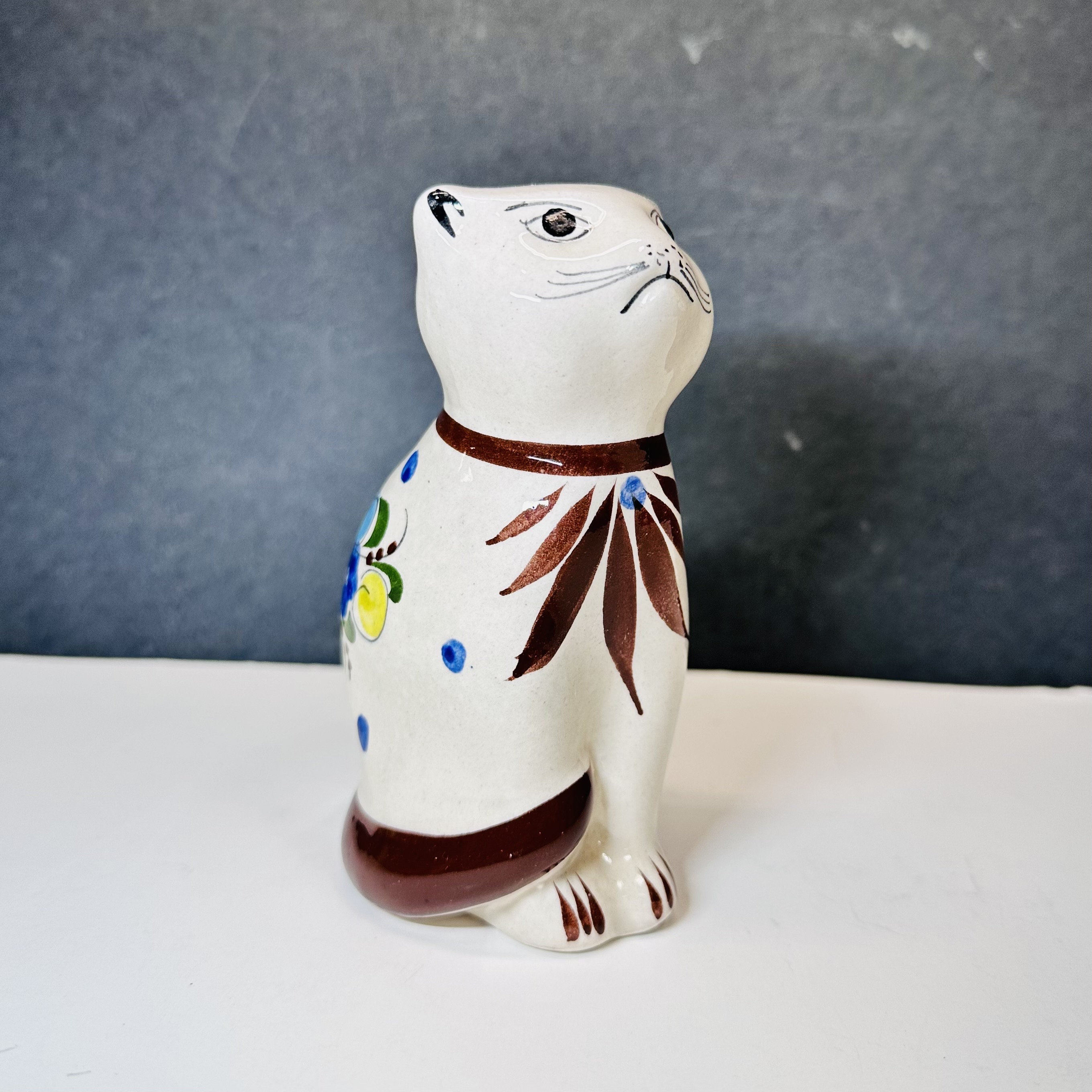 ヴィンテージ メキシコ トナラ陶器 猫の置物 – 手描きの花柄フォーク 