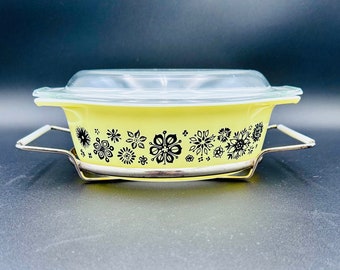 Vintage Pyrex Pressed Flowers 043 Auflauf mit Wiege - Gelbe Blumenglas Backformen