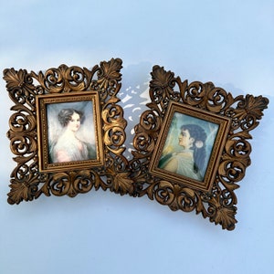 Vintage Cameo Creation Portrait Set, 1950s Victorian Ladies Wall Art - Ornate Gold Frames - Miniature Framed Prints