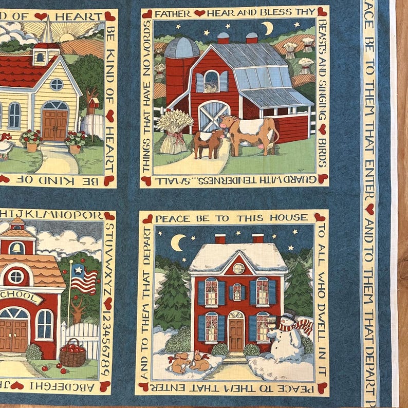Vintage Susan Winget Fabric Panel – 4 Folk Art Seasonal Scenes – 1993 ...