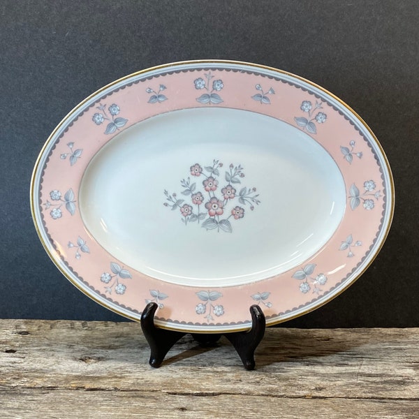 Wedgwood Platter,  Pimpernel Pink, 10" Oval Serving Platter, Pink Grey and White with gold edge