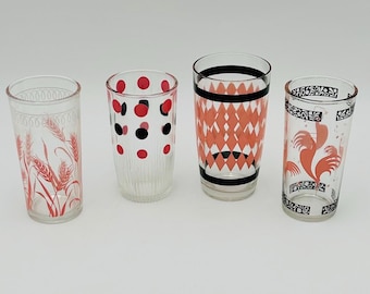 Vintage Hazel Atlas Glasbecher, rosa Hahn, Harlekin, Weizen, Polka Dots