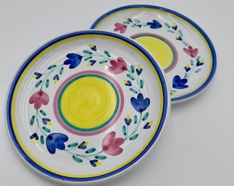 Set of 2 Caleca Giardino Italian Pottery Salad Plates Yellow and Blue Hand Painted 8 Inch Plates, made in Italy