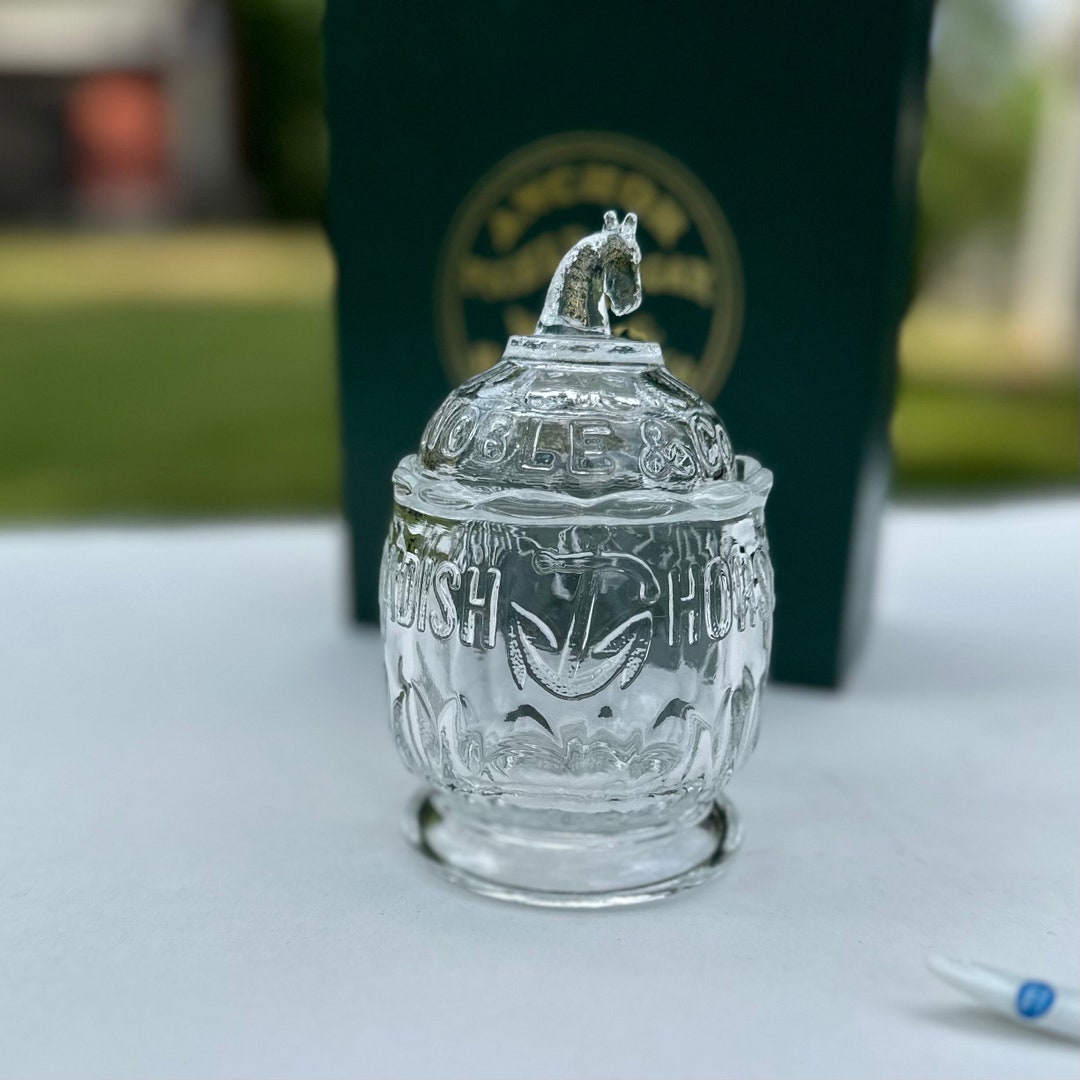 Heinz Horseradish Horse Head Jar Set in Original Box Clear Glass Jar Including Milk Glass Spoon