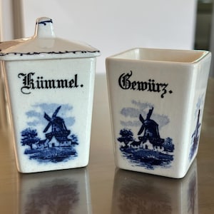 Antique Delft Style Spice Canisters: German Ceramic Kümmel & Gewürz Jars