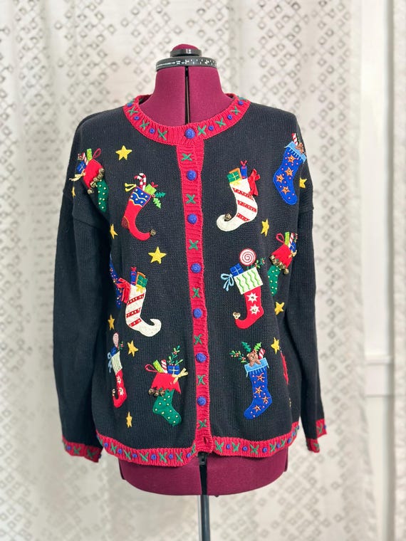 クリスマス　刺繍カーディガン　アグリーセーター　ヴィンテージ　赤 37b39bd732bd734236141469d9507f