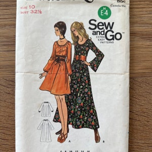 May include: Vintage sewing pattern with two dress designs. The pattern is size 10, with a 82.5 cm bust. The cover art shows illustrations of the dresses, one in orange and the other in a floral print.