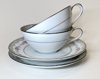 Vintage 1950s Fine China, Noritake Glenwood Tea Cup and Saucer Set of 2 Ivory with Pink Roses and Platinum Trim