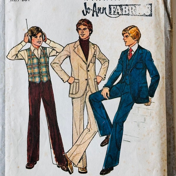 Simplicity 8287 Vintage 70's Sewing Pattern Boys 14 16 Mod Hipster Disco Era 3 Piece Suit, Vest, Blazer Jacket, bell bottom pants