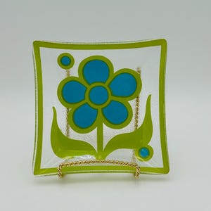 Vintage Mod Flower Glass Dish – 5 1/2&quot; Square Blue & Green Textured Glass Tray by Colony , 1970s Retro Barware or Trinket Dish