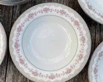 Noritake Glenwood ONE BOWL Rim Soup Bowl 7 3/4"  Porcelain Ivory with Pink Roses and Platinum Trim