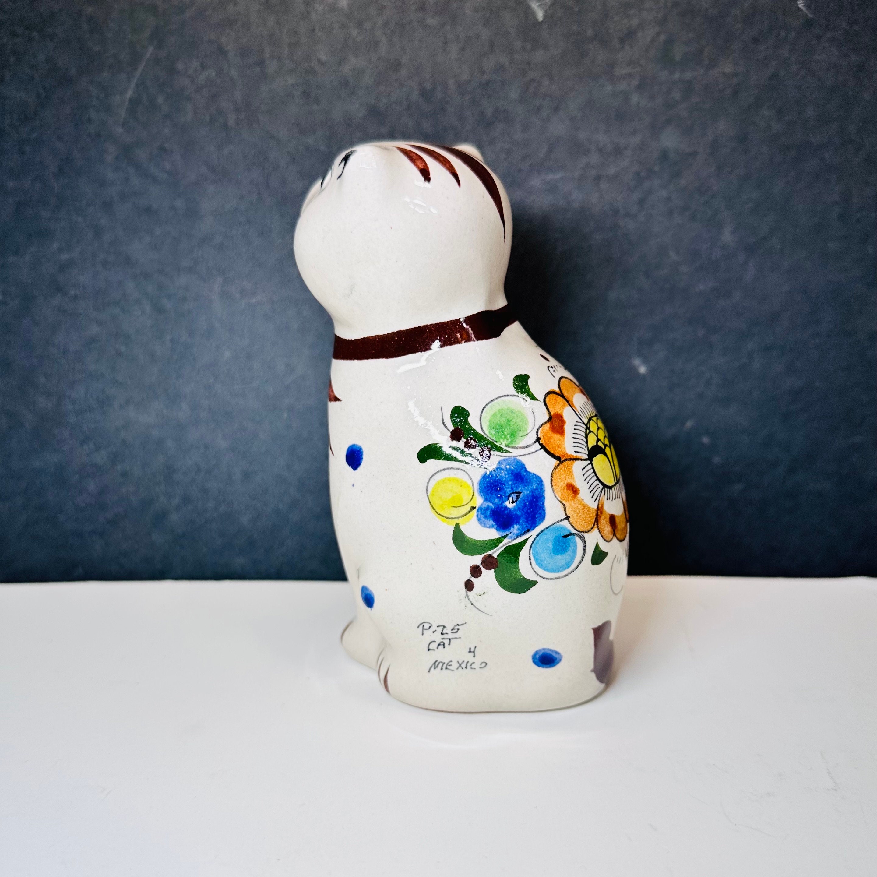 ヴィンテージ メキシコ トナラ陶器 猫の置物 – 手描きの花柄フォーク 