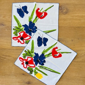 Vintage 1970s Mod Fabric Napkins – Set of 2  Red Green Blue Yellow Floral, Cotton Vera Style Retro Table Linens